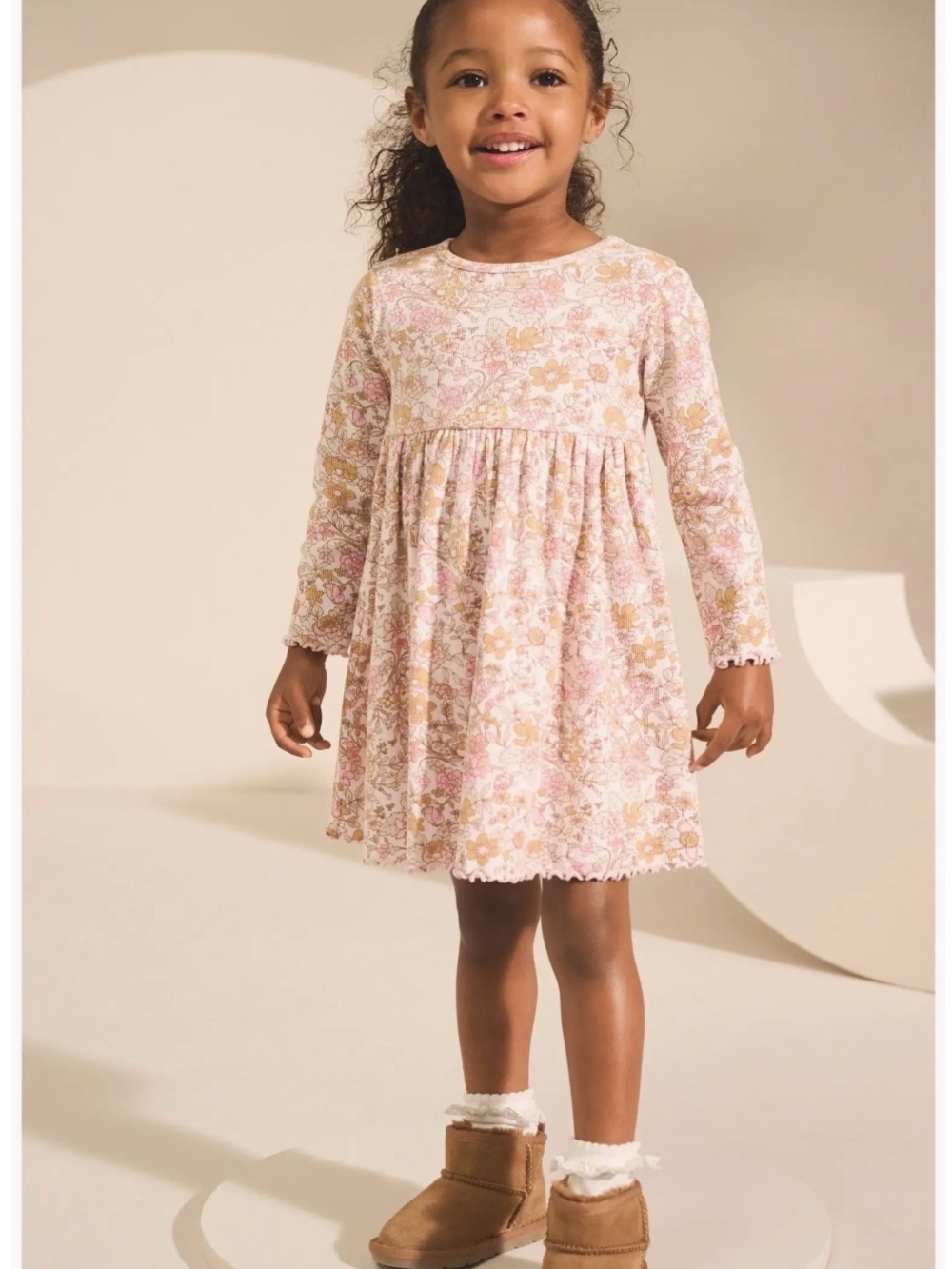 NEXT Girls Long-Sleeve Floral Pink and Cream Girls' Dress